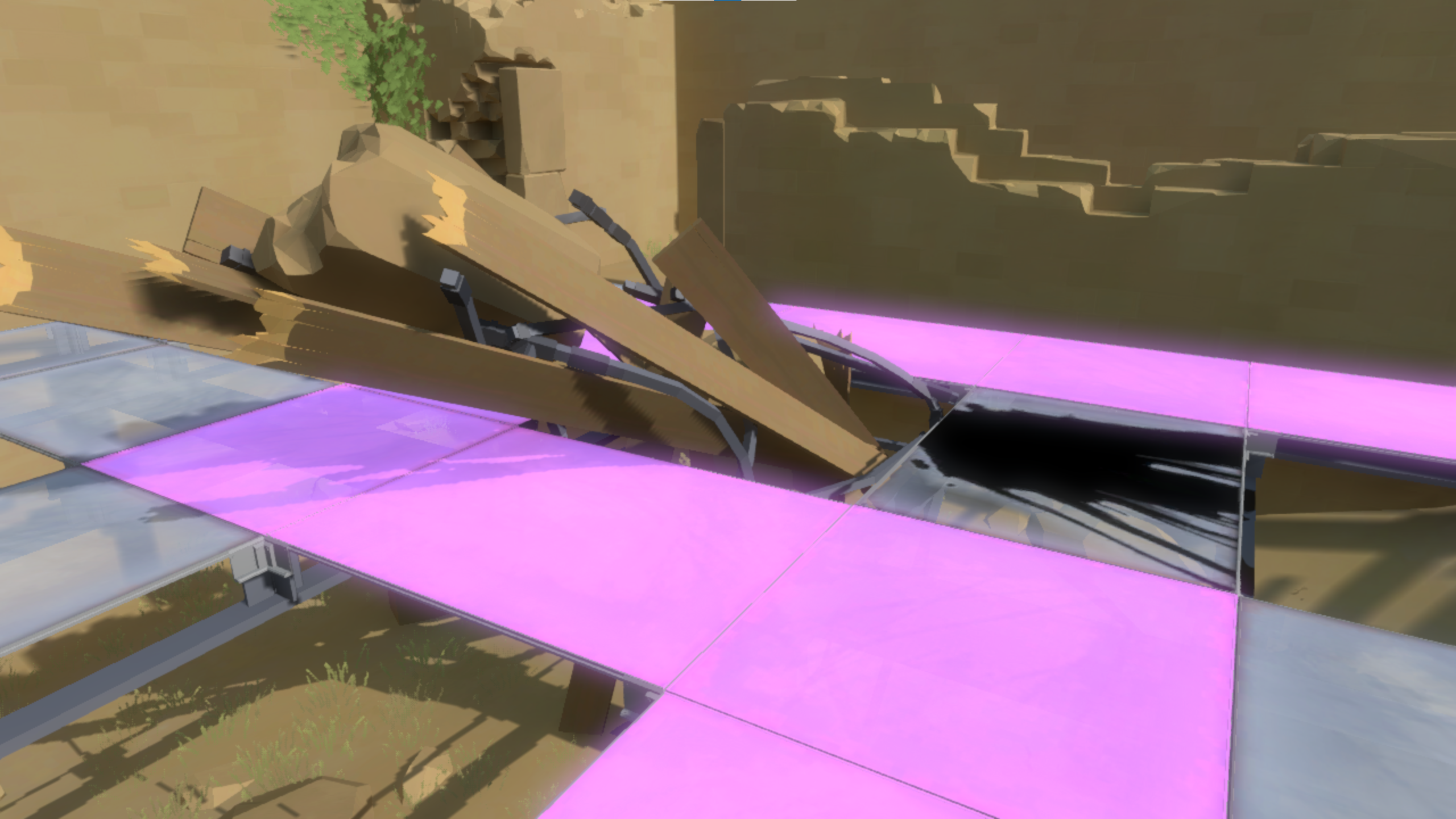 The wood piling in Keep Purple Pressure Plates, as viewed from standing beside it. It is clear that the wood blocks the player from walking past it.